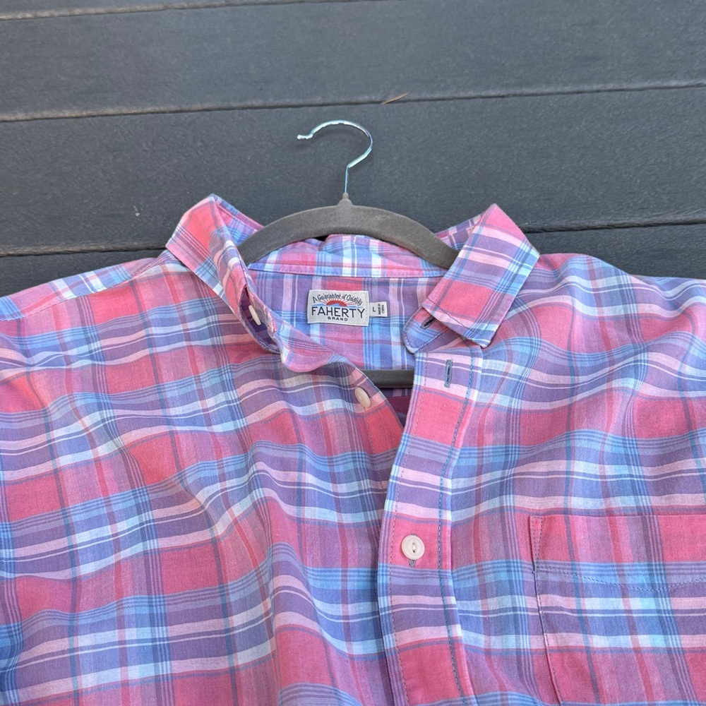 Faherty Men's Lightweight Plaid Shirt - Pink/Red and Blue - Picture 4 of 9